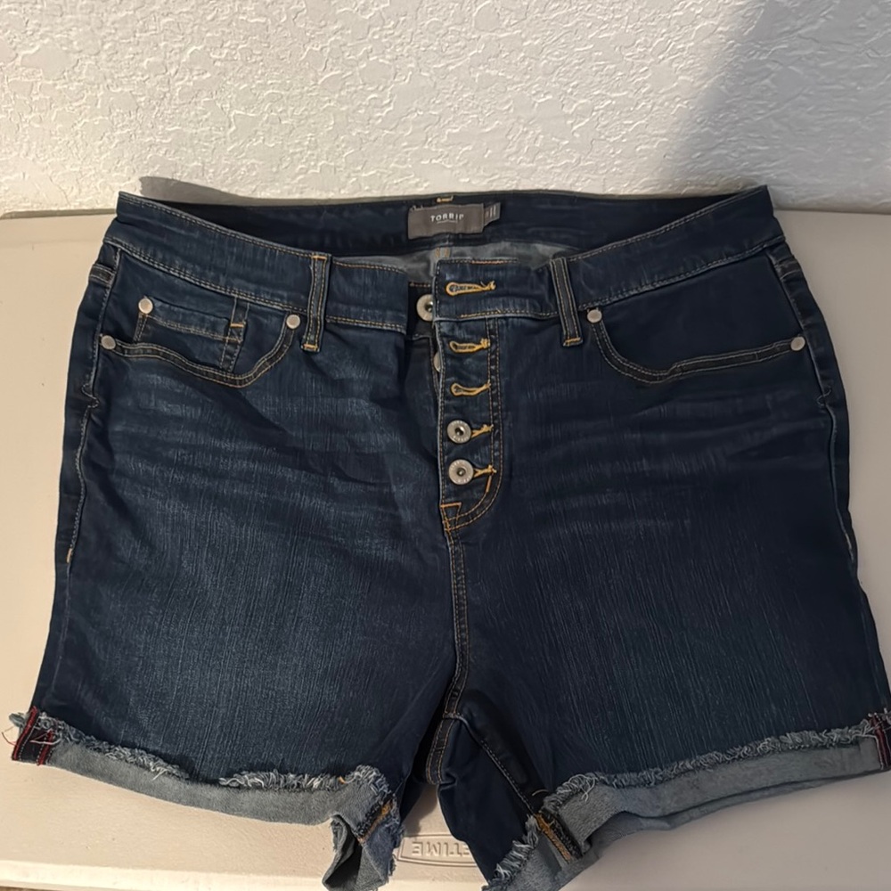 Torrid Blue Jean Shorts with Rolled Cuffs and Distressed Details